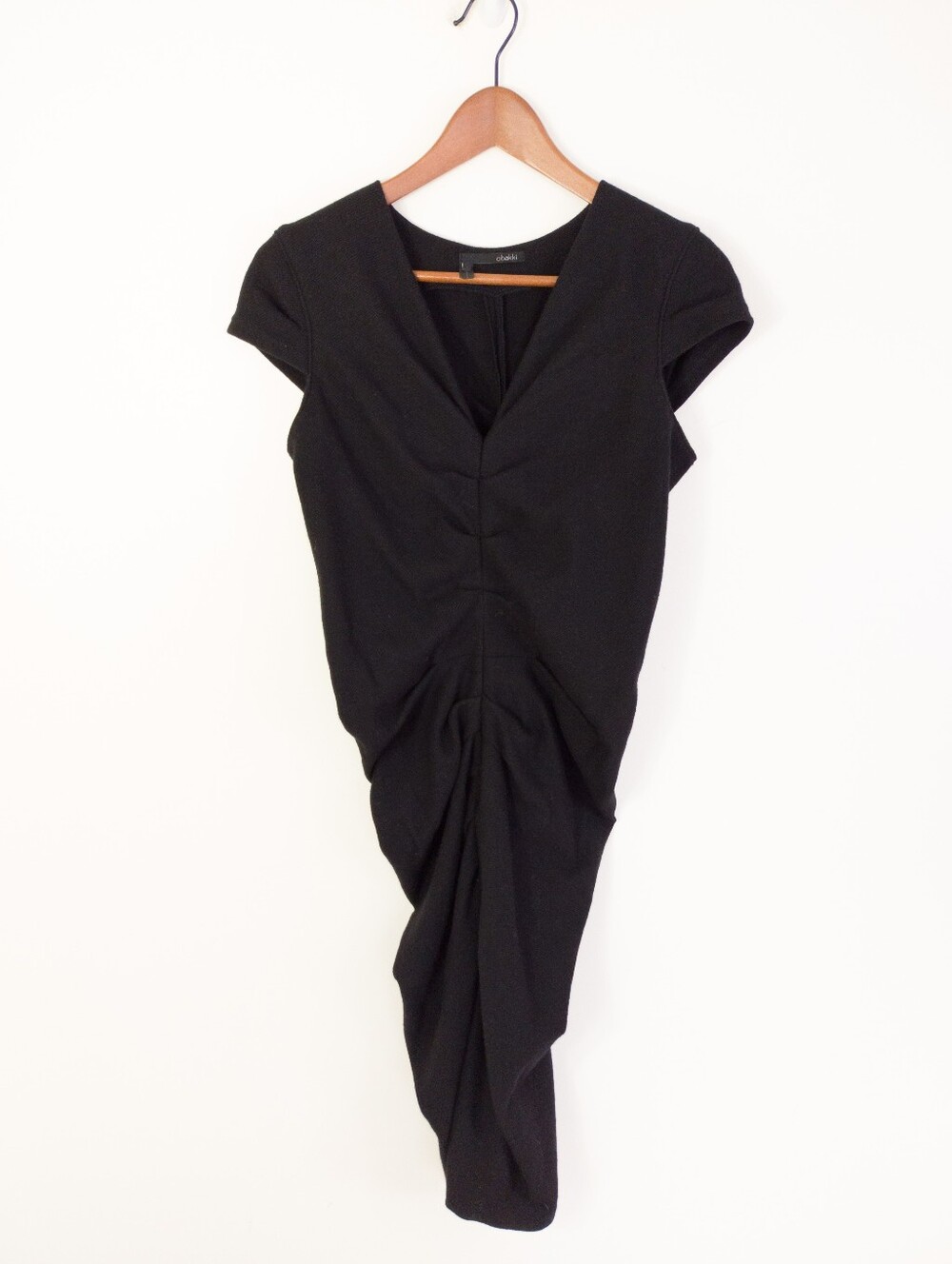 Obakki Black 100% Wool Ruched V-Neck Cap Sleeve Dress Made in Canada Size 8